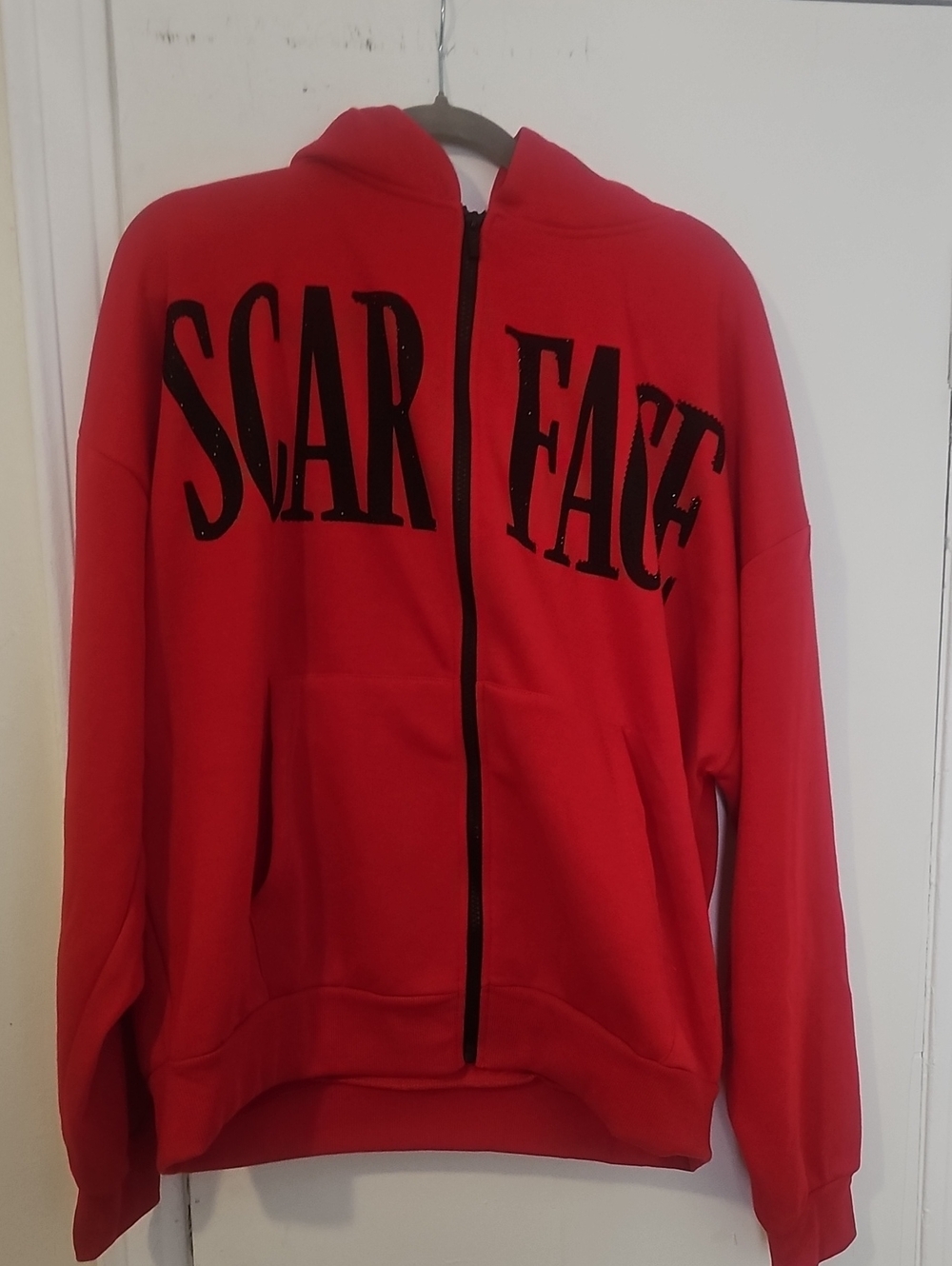 Bold Red 'SCARFACE' Zip-Up Hoodie with Black Lettering